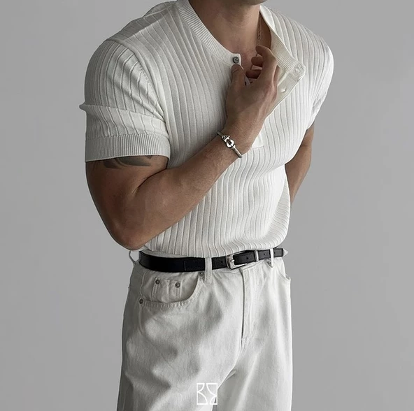 Erkek Hakim Yaka Düğmeli Triko T-Shirt - 3