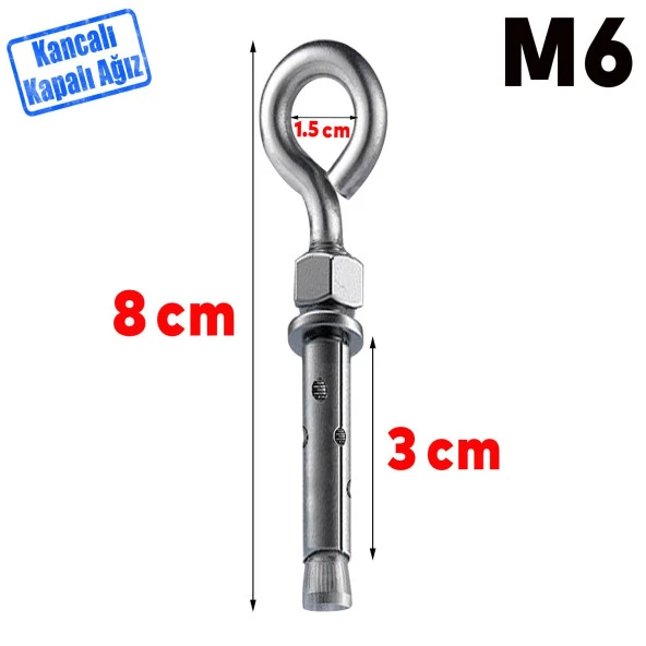 Kancalı Çelik Dübel Hamak Salıncak Boks Torbası Lamba Avize İçin Gömlekli Kapalı Ağız Kanca M6 ürün görseli