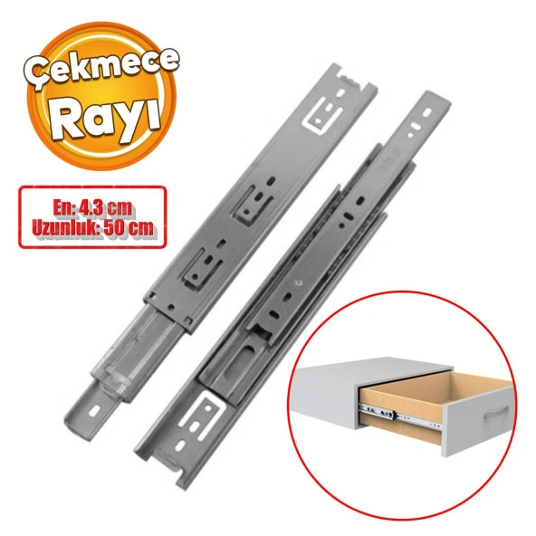 Bilyalı Dolap Çekmece Rayı Metal En 4.3 cm Uzunluk 50 cm Gardrop Mutfak Dolabı