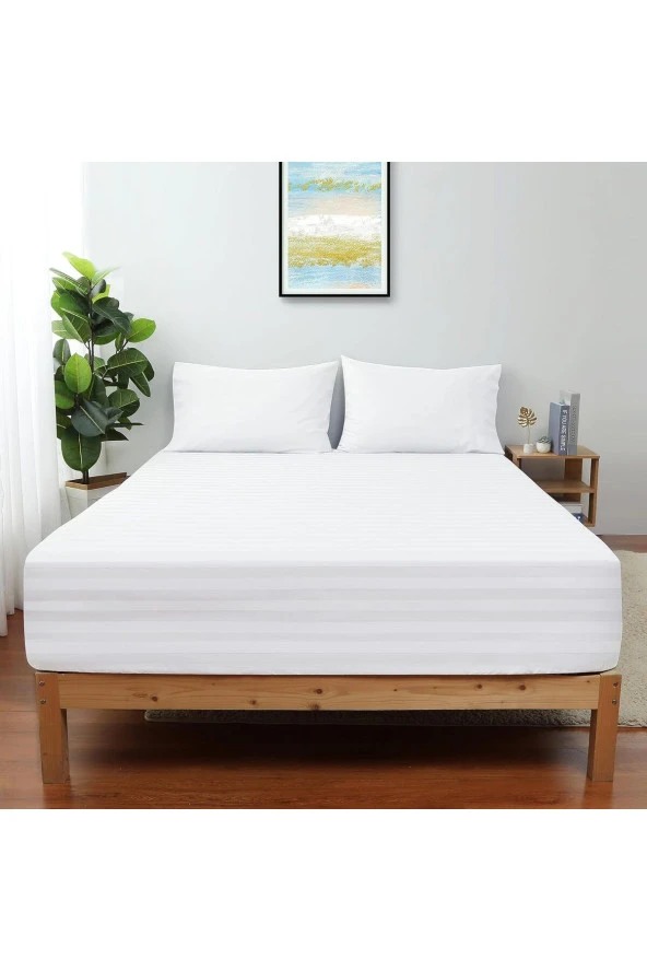 Soft Colours Çizgili Pamuk Saten Lastikli Çarşaf Seti Yastık Kılıflı Çift Kişilik - Tek Kişilik BEYAZ SATEN