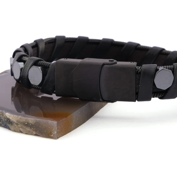 316L Çelik Deri Siyah Erkek Spor Kelepçe Bileklik EBLK-451 - Resim 4