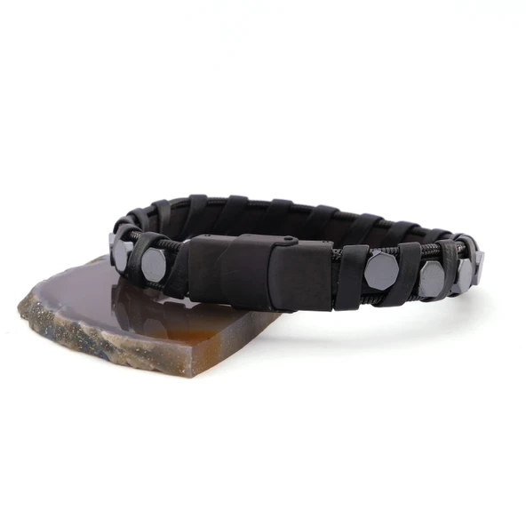 316L Çelik Deri Siyah Erkek Spor Kelepçe Bileklik EBLK-451 - Resim 3