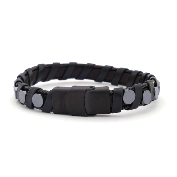 316L Çelik Deri Siyah Erkek Spor Kelepçe Bileklik EBLK-451 ürün görseli