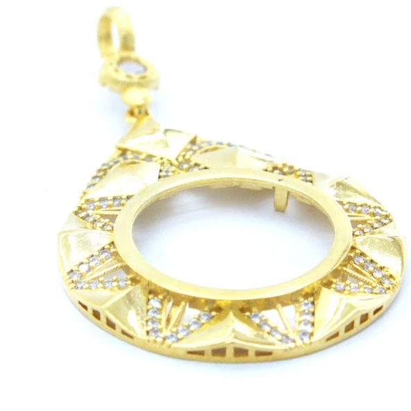 Altın Kaplama Zirkon Taşlı Yarım Çerçeve  İçi Boş Kadın Kolye Ucu TGR-468 - Resim 3