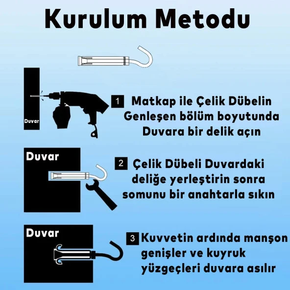 Kancalı Çelik Dübel M8 (5 ADET) Salıncak Boks Torbası Avize İçin Gömlekli Açık Ağız Kanca - 5