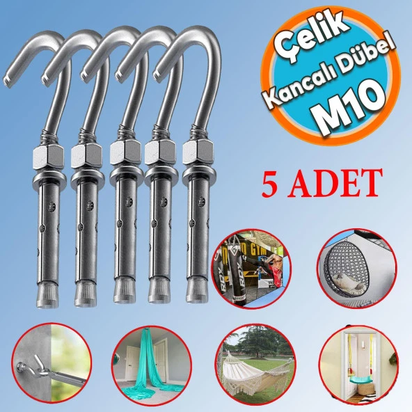 Kancalı Çelik Dübel M10 (5 ADET) Salıncak Boks Torbası Avize İçin Gömlekli Açık Ağız Kanca