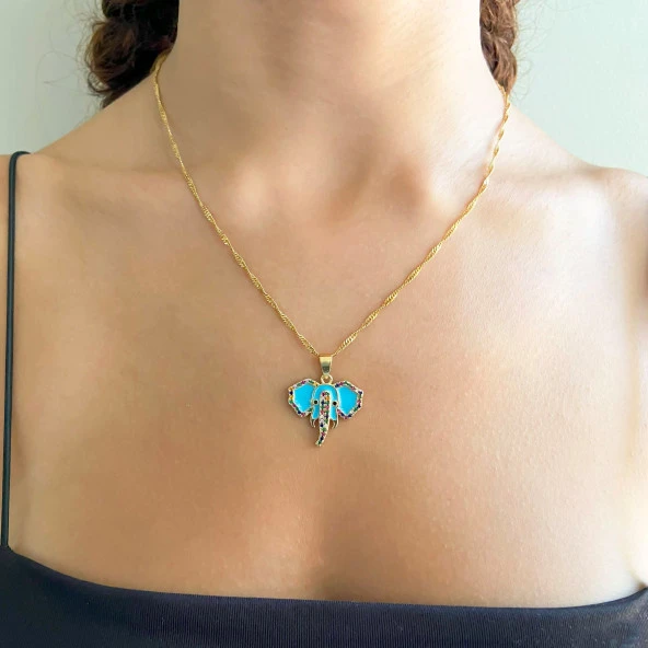 FerizZ Altın Kaplama Zirkon Taşlı Mavi Fil Kolye Ucu TGR-579 - Resim 2