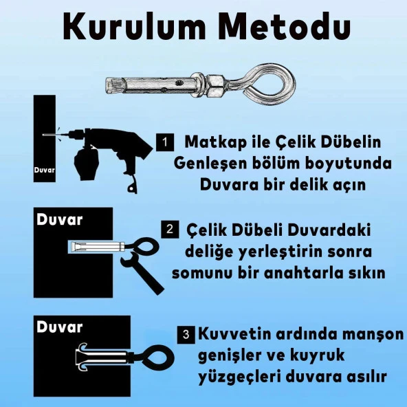 Kancalı Çelik Dübel M8 (5 ADET) Salıncak Boks Torbası Lamba Avize İçin Gömlekli Kapalı Ağız Kanca - 5