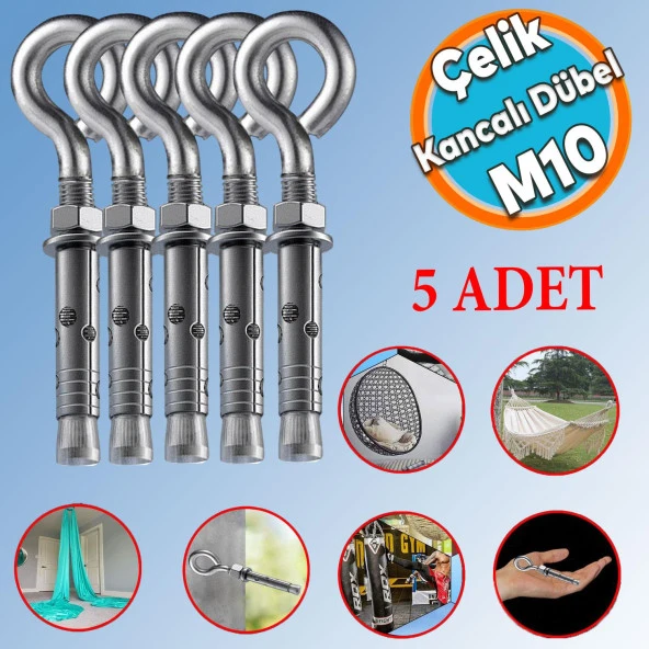 Kancalı Çelik Dübel M10 (5 ADET) Salıncak Boks Torbası Lamba Avize İçin Gömlekli Kapalı Ağız Kanca ürün görseli 1