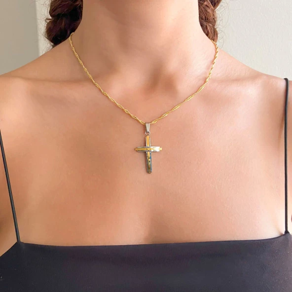 FerizZ Altın Kaplama Çift Renkli Haç Kolye Ucu TGR-546 - Resim 2