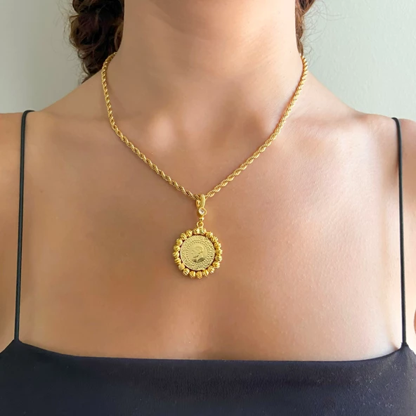 Altın Kaplama Dorikalı Çeyrek Altınlı Kadın Kolye Ucu TGR-580 - Resim 2