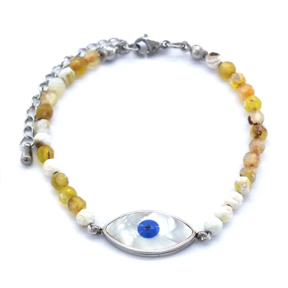 316L Çelik Göz Motifli Sarı Boncuk Bileklik BLK-880 - Resim 2