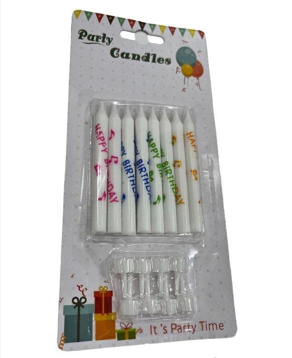 Happy Bırthday Baskılı Beyaz Mum 8 cm 8 li