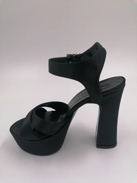 SOLMAZ PİER SİYAH SATEN TOPUKLU PLATFORM ABİYE AYAKKABI - Resim 2