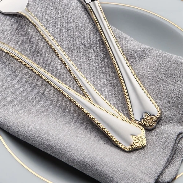 Nehir Fulya 89 Parça Sade Altın Çatal Kaşık Bıçak Takımı - Resim 3