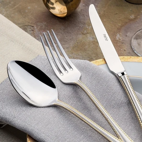 Nehir Fulya 89 Parça Sade Altın Çatal Kaşık Bıçak Takımı - Resim 4