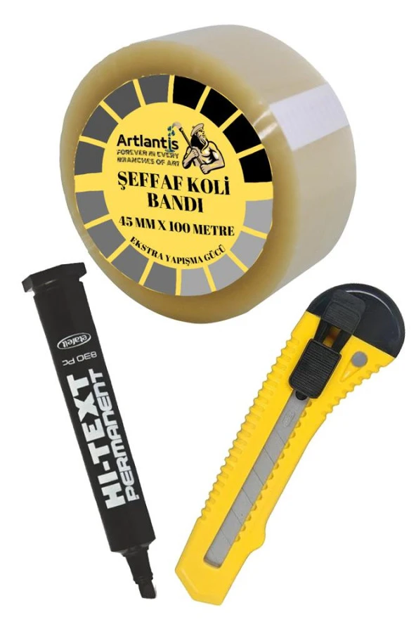 Koli Bandı Koli Kalemi ve Maket Bıçağı 1 Paket Koli Bant 100 Metre Şeffaf Kesik Uç Markör Kalem ve Plastik Maket Bıçağı Büyük