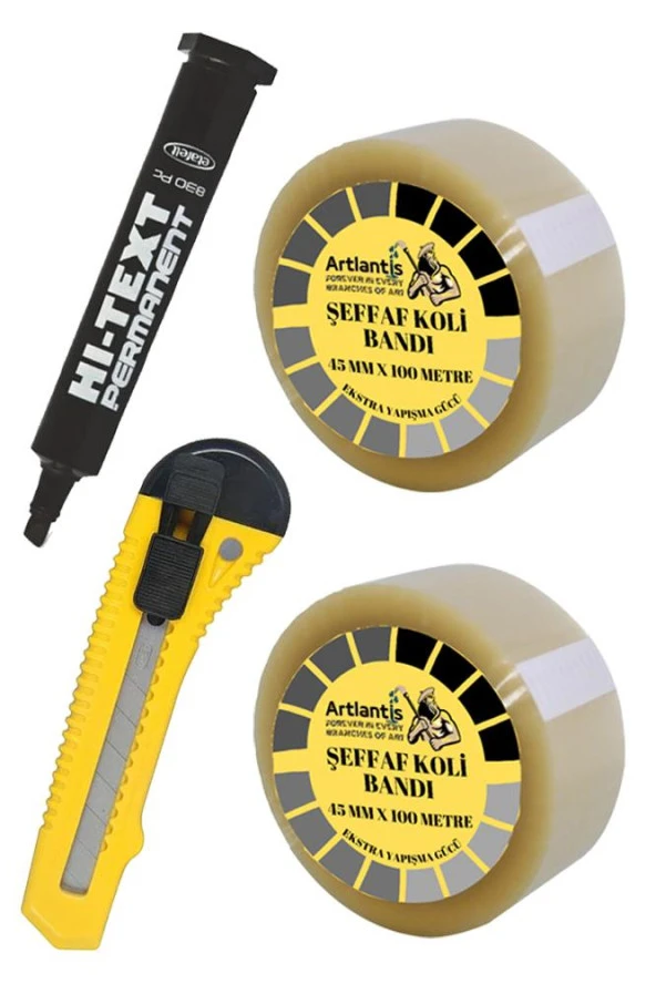 Koli Bandı Koli Kalemi ve Maket Bıçağı 1 Paket 2 Adet Koli Bant 100 Metre Şeffaf Kesik Uç Markör Kalem ve Plastik Maket Bıçağı Büyük