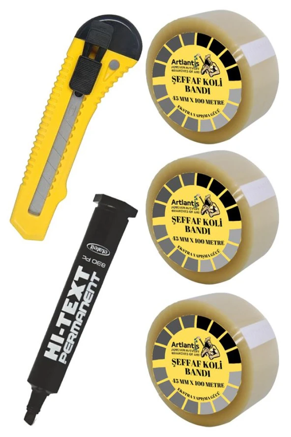 Koli Bandı Koli Kalemi ve Maket Bıçağı 1 Paket 3 Adet Koli Bant 100 Metre Şeffaf Kesik Uç Markör Kalem ve Plastik Maket Bıçağı Büyük