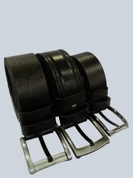 Erkek Leather 3.5 Ve 4.5 Cm 3'Lü Set Siyah Kemer - Resim 2