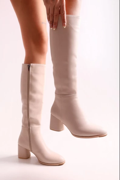 SOLMAZ KİELLA BEJ RENK TOPUKLU ÇİZME - Resim 2
