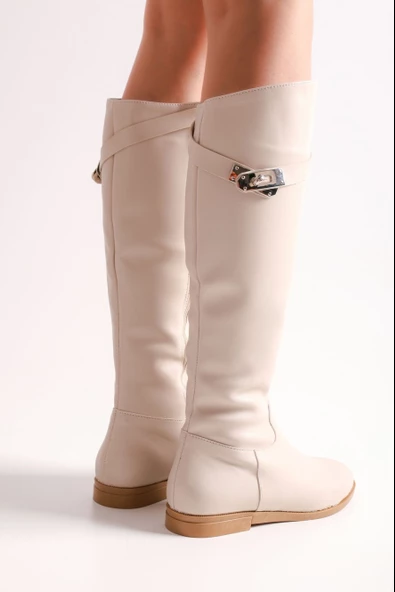 SOLMAZ MERONİ BEJ TOKALI KADIN ÇİZME - Resim 4