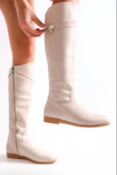 SOLMAZ MERONİ BEJ TOKALI KADIN ÇİZME - Resim 2