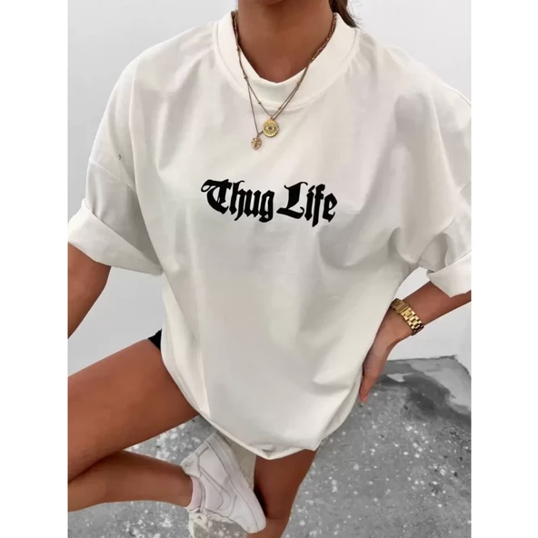 Lucky Life Unisex Bisiklet Yaka Baskılı Oversize T-Shirt - Beyaz