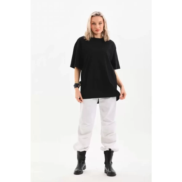 Lucky Life Unisex Bisiklet Yaka 20/1 Düz Oversize T-Shirt - Siyah