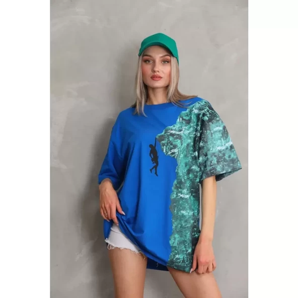 Lucky Life Unisex Bisiklet Yaka Baskılı Oversize T-Shirt - Mavi