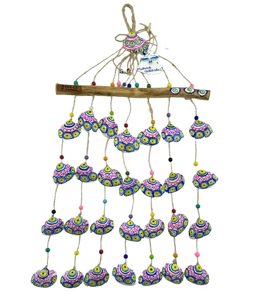 GÜL-CE Dekoratif Nazar Boncuklu Lodos Dalı Deniz Kabuklu Rüzgar Çanı - 6