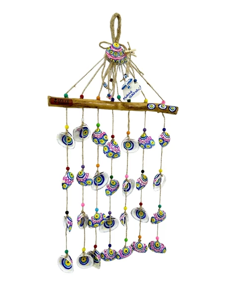 GÜL-CE Dekoratif Nazar Boncuklu Lodos Dalı Deniz Kabuklu Rüzgar Çanı - 7