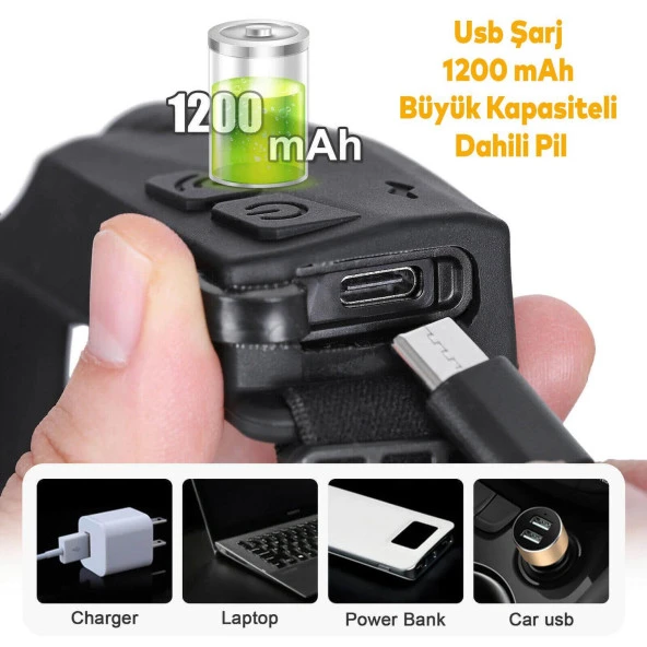 Kafa Lambası Sensörlü Ledli Şarjlı Pilli Kamp Kafa Feneri El Feneri 5+3 W 350 Lümen - 6
