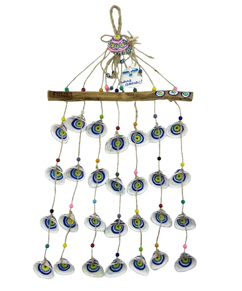 GÜL-CE Dekoratif Nazar Boncuklu Lodos Dalı Deniz Kabuklu Rüzgar Çanı - 5