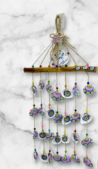 GÜL-CE Dekoratif Nazar Boncuklu Lodos Dalı Deniz Kabuklu Rüzgar Çanı - 3