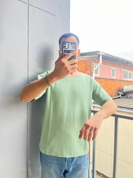 Erkek Geniş Yaka Oversize Triko T-Shirt - 6