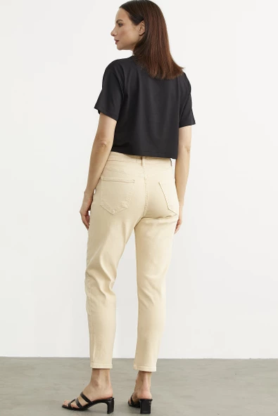 Likralı Fit Mom Jean - Bej - 5