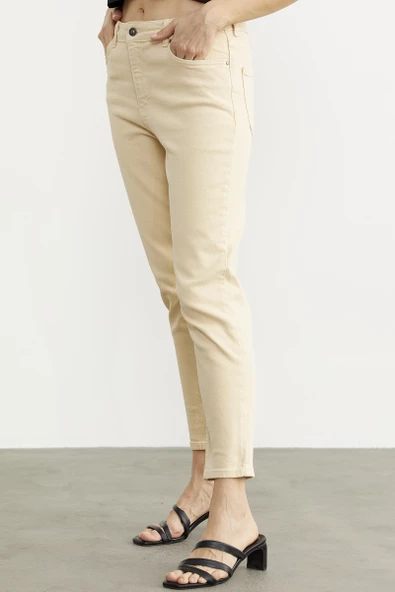 Likralı Fit Mom Jean - Bej - 3