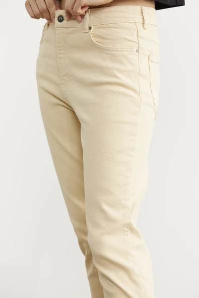 Likralı Fit Mom Jean - Bej - 4