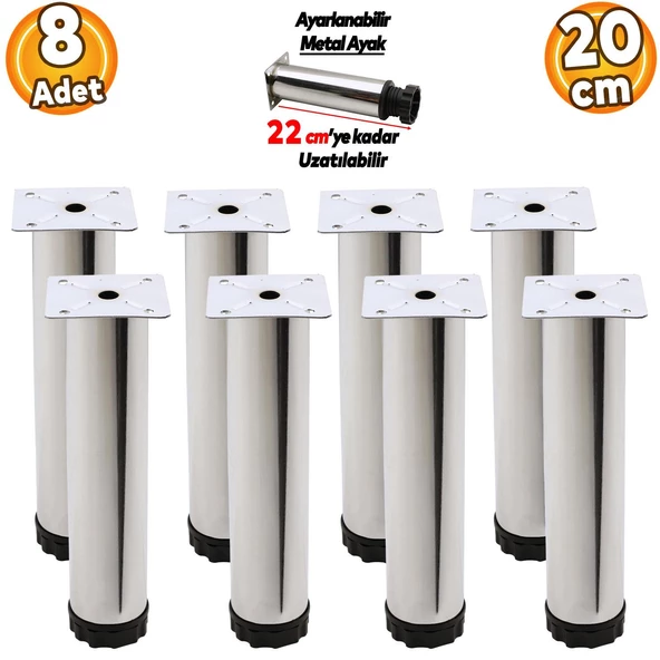 Ayarlanabilir Mobilya Kanepe Baza Koltuk Metal Destek Yükseltici Ayağı 20 cm Krom Ayakları (8 ADET)