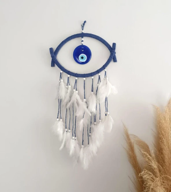 Nazar Boncuklu Hasır Mavi Düş Kapanı Dreamcatcher Kötü Rüya Kovucu Rüya Kapanı Duvar Süsü