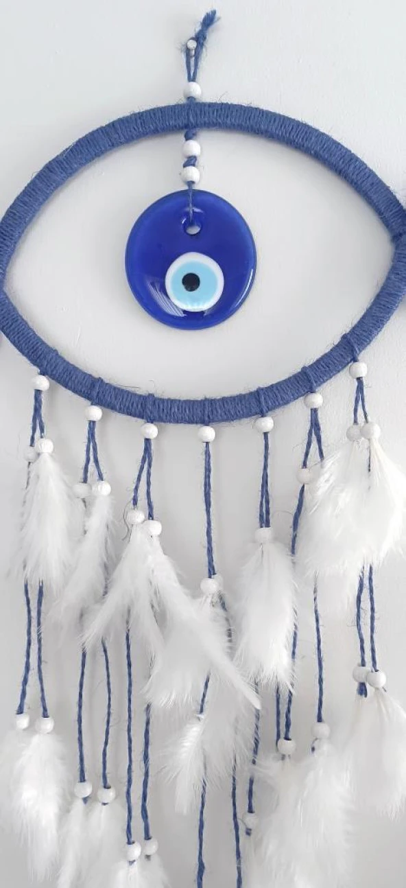 Nazar Boncuklu Hasır Mavi Düş Kapanı Dreamcatcher Kötü Rüya Kovucu Rüya Kapanı Duvar Süsü - 3