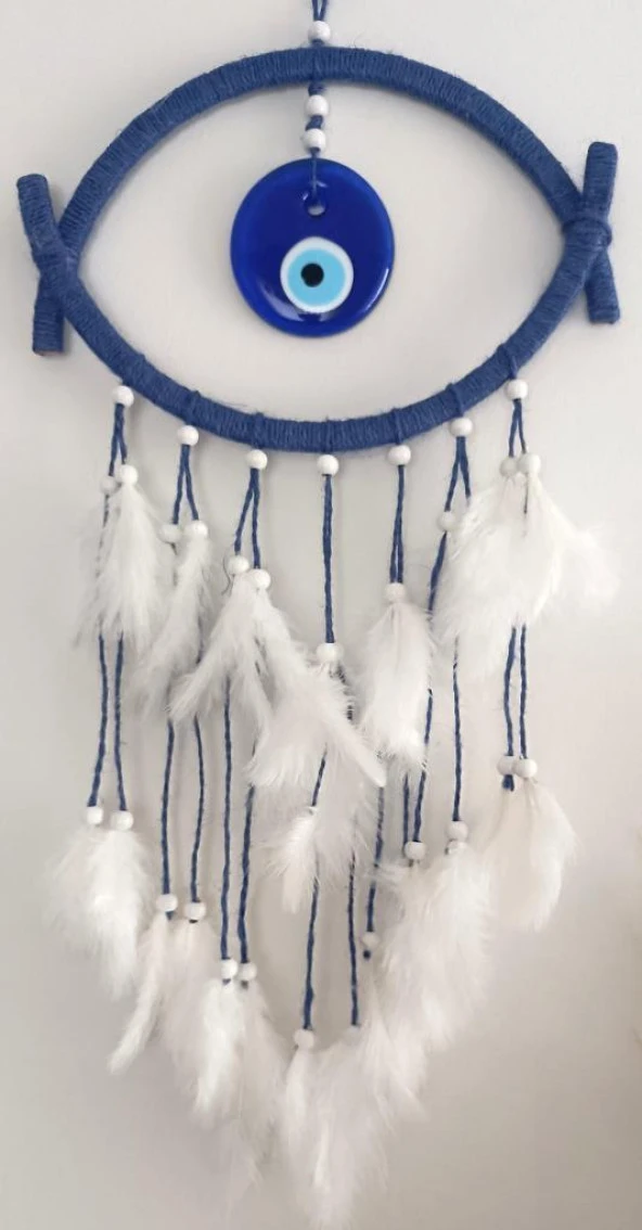 Nazar Boncuklu Hasır Mavi Düş Kapanı Dreamcatcher Kötü Rüya Kovucu Rüya Kapanı Duvar Süsü - 4