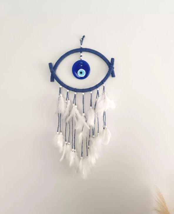 Nazar Boncuklu Hasır Mavi Düş Kapanı Dreamcatcher Kötü Rüya Kovucu Rüya Kapanı Duvar Süsü - 7