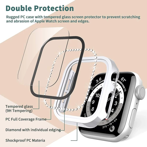 Apple Watch 42mm Ekran Koruyuculu Tek Sıra Kenar Taşlı Sert PC Kasa Koruyucu - 10