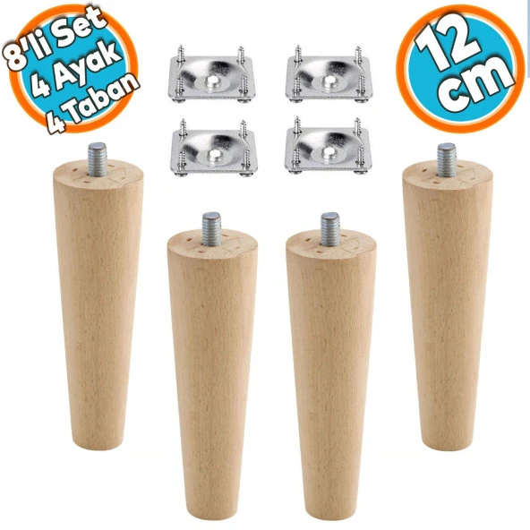 Ahşap Ayak Mobilya Koltuk Kanepe Sehpa Masa Ayağı Ayakları M8 Civatalı 12 cm + Bağlantı Aparatlı 8'li Set