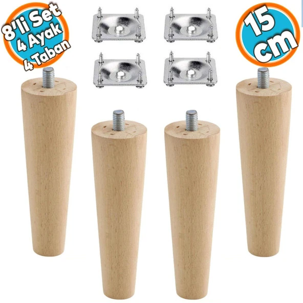 Ahşap Ayak Mobilya Koltuk Kanepe Sehpa Masa Ayağı Ayakları M8 Civatalı 15 cm + Bağlantı Aparatlı 8'li Set