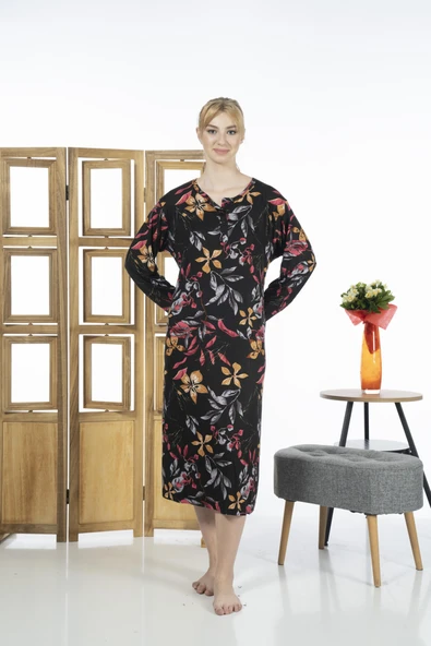 Estiva 23246-4 Üstten Düğmeli Uzun Kollu Desenli Likra Viskon Günlük Elbise - 6