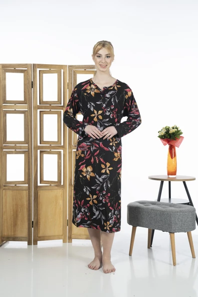 Estiva 23246-4 Üstten Düğmeli Uzun Kollu Desenli Likra Viskon Günlük Elbise - 3