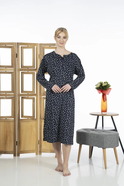 Estiva 23246-3 Üstten Düğmeli Uzun Kollu Desenli Likra Viskon Günlük Elbise - 2